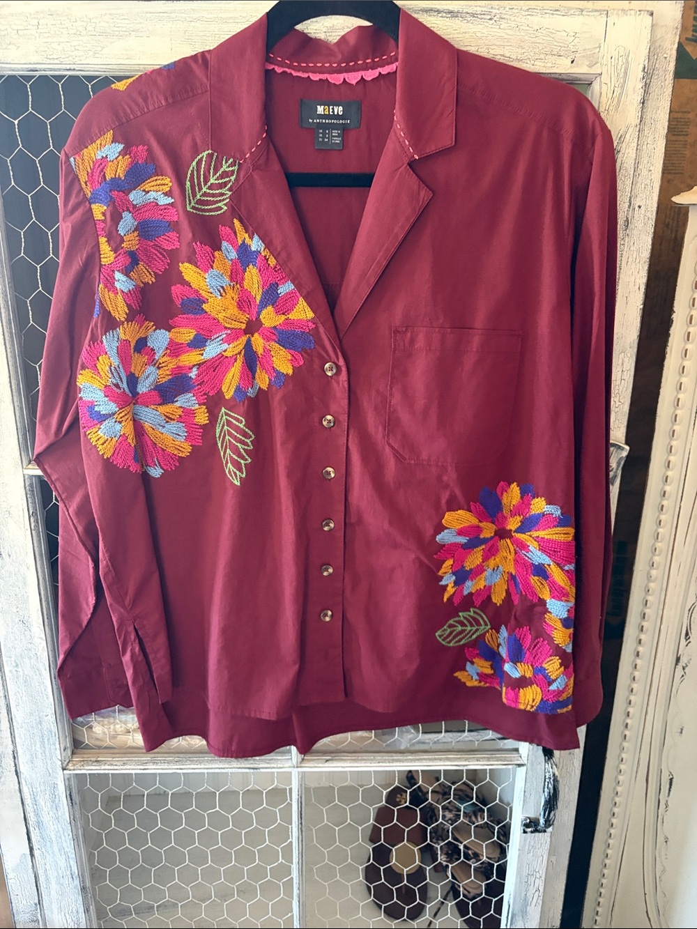 Anthropologie
Maeve Burgundy Button-Front Top with Multicolor Floral Embroidery